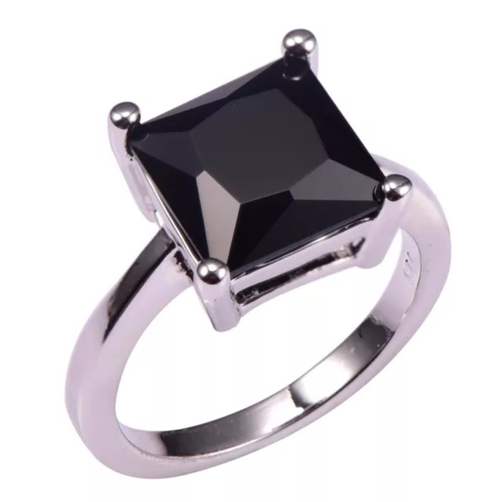 Black Square Princess Cut Silver Engagement Ring